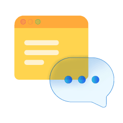transparent blue rounded chat bubble icon styled in a soft glass-like gradient over a yellow webpage icon
