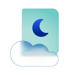 soft cloud icon over a sea green book with deep blue quarter moon
