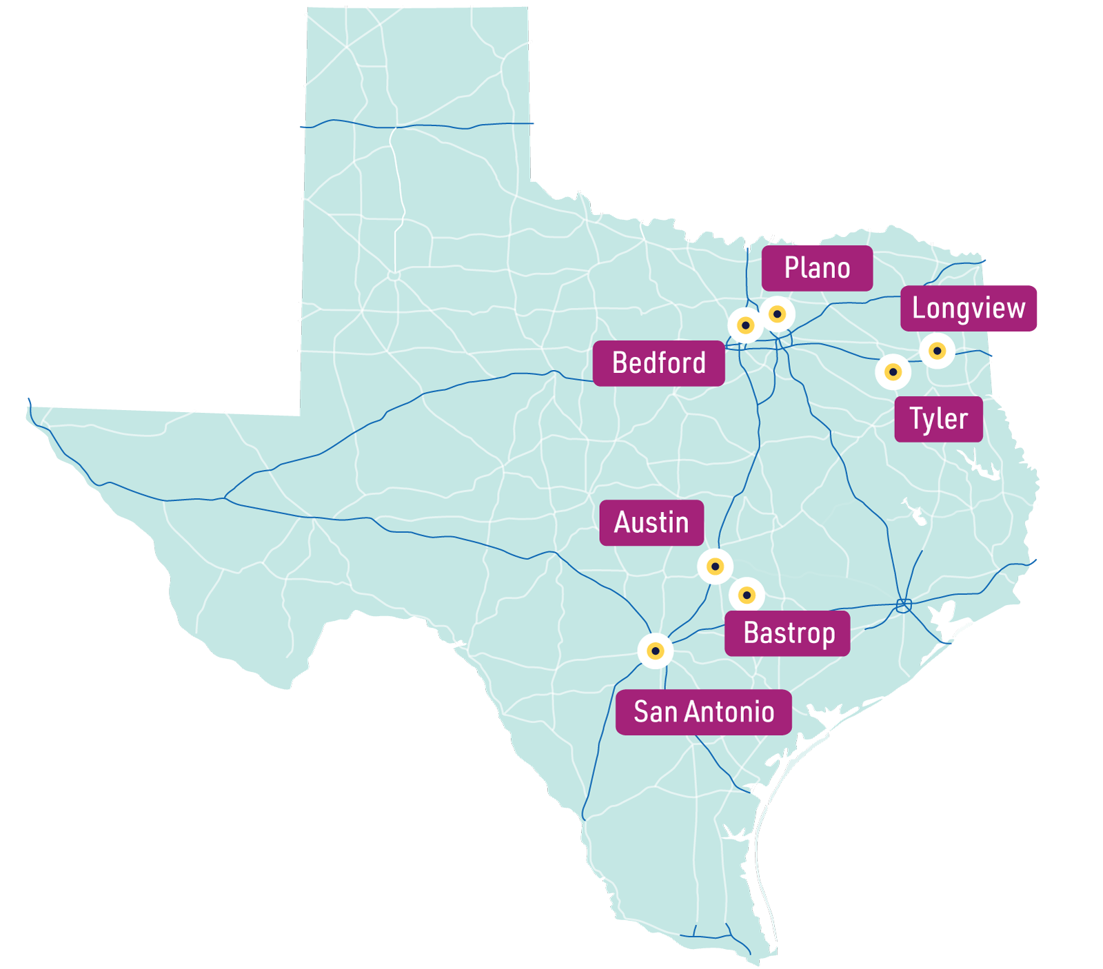 Map of Texas with service areas marked in Bedford, Plano, Longview, Tyler, Austin, Bastrop, and San Antonio.